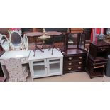 A cream painted dressing table together with a side cabinet with glazed doors, chair,