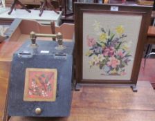 An Edwardian painted and brass coal purdonium together with a small woolwork fire screen