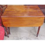 A Victorian mahogany Pembroke table with a rectangular top and drop flaps on ring turned tapering