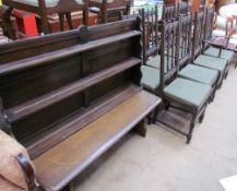 A set of eight 20th century oak dining chairs together with a coffee table and hanging shelves and