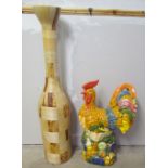 A large pottery cockerel together with a bamboo style sectional floor vase