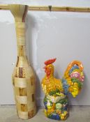 A large pottery cockerel together with a bamboo style sectional floor vase