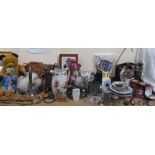A Sooty teddy bear together with another teddy bear, fur hat, pottery water jug, cat figure,