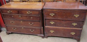 An 18th century oak chest with a cross banded top above two short and three long drawers on bracket