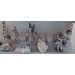 Assorted Lladro figures including a Stork carrying a baby, ballerina, children,