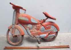 An Mobo tin plate pedal motorbike and a pair of measure sticks