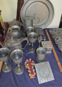 Assorted pewter including charger, lidded jug,