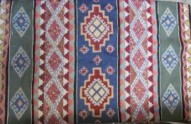 A crewel work rug together with Chinese silkworm panels