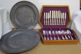 An electroplated Kings pattern part flatware service together with pewter chargers