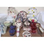 Masons pottery jars, together with vases and covers, tureens and covers, cranberry glass,