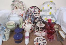 Masons pottery jars, together with vases and covers, tureens and covers, cranberry glass,