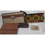 A Fossil clutch bag together with an Osprey purse, another purse,