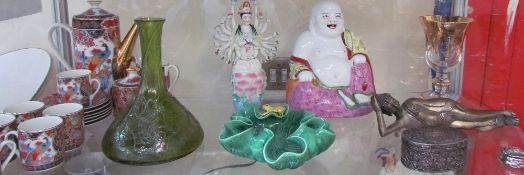A Japanese part coffee set together with a porcelain buddha,