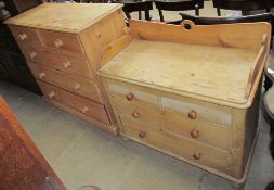 A pine chest of drawers together with a pine washstand