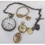 A silver open faced pocket watch on a chain together with a Lady's 9ct gold wristwatch,