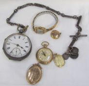 A silver open faced pocket watch on a chain together with a Lady's 9ct gold wristwatch,