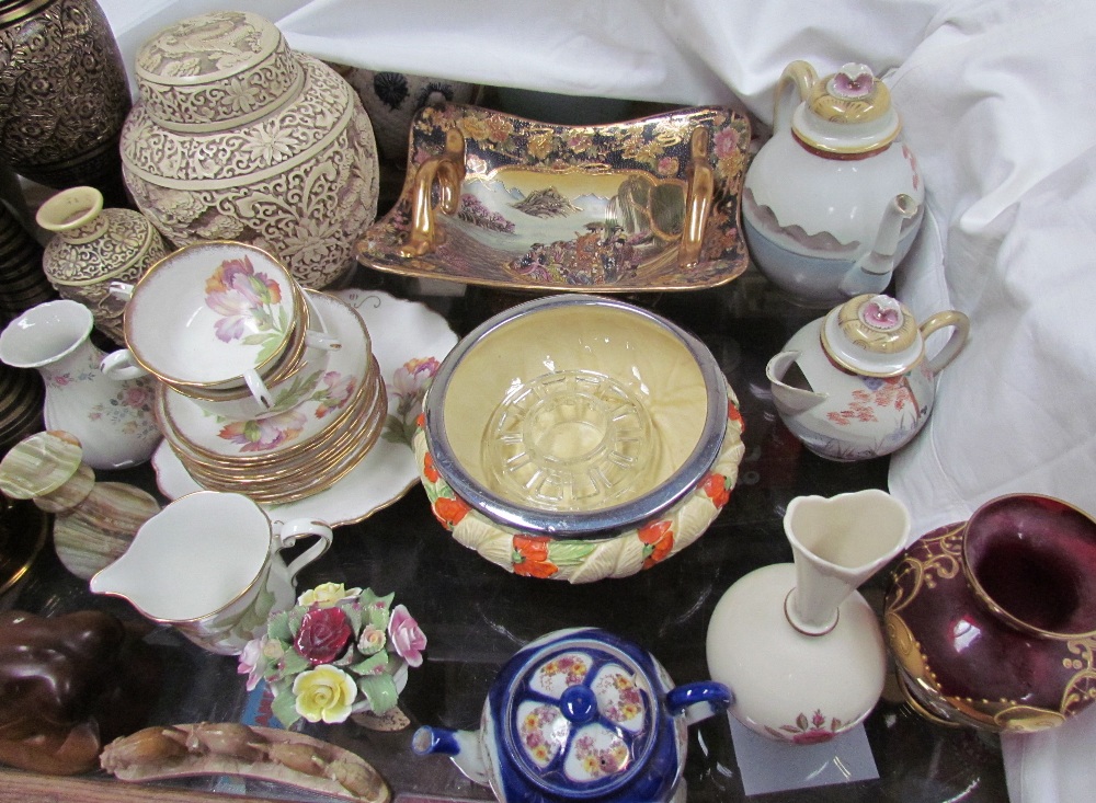 A Japanese porcelain teapot and cream jug together with a Japanese twin handled pedestal dish, - Image 3 of 3