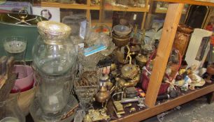 A large lot including assorted glass vases, table lamp, brass oil lamps, horse brasses, binoculars,