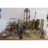 Brass candlesticks together with brass fire irons,