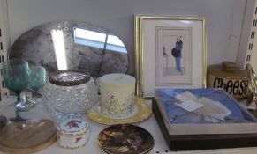 Cheese dishes together with prints, mirror, love spoon, collectors plates,