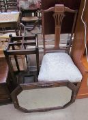 An Edwardian salon chair together with a stick stand and an oak mirror