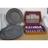 An electroplated Kings pattern part flatware service together with pewter chargers