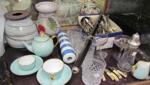 A T G Green Cornishware rolling pin together with a Crown Staffordshire part tea set, fan, flute,