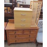 A 20th century oak dressing chest together with a modern chest of drawers and a two shelf unit