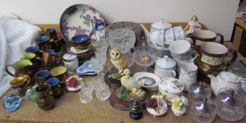 Assorted copper lustre jugs, plates and bowls together with a Noritake blue hills part tea set,