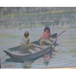 Alan J Bowyer Children in a boat Oil on board Signed 39 x 49.