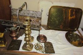 A brass tray together with a log basket, brass candlesticks,