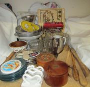 Butter pats together with glass bowls, pottery tray,