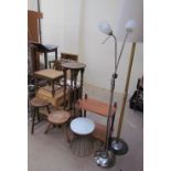 A milking stool together with another stool, marble topped table, wicker bedside cabinet,