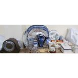 A Smiths Enfield mantle clock together blue and white meat plates, commemorative mugs,