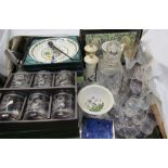 Various Portmeirion pottery plates together with a glass decanter,