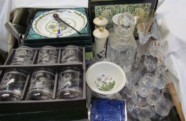 Various Portmeirion pottery plates together with a glass decanter,