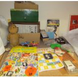 Escalado board game together with a teddy bear with movable head, stamp albums,