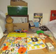 Escalado board game together with a teddy bear with movable head, stamp albums,