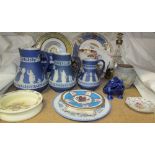 A set of three graduated Wedgwood blue jasper jugs together with collectors plates.