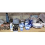 A Spode blue and white teapot together with other matching items, collectors plates, mantle clock,