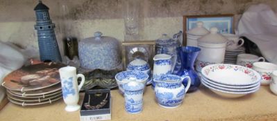 A Spode blue and white teapot together with other matching items, collectors plates, mantle clock,