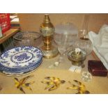 A brass oil lamp together with assorted plates etc