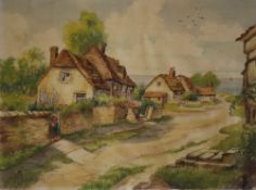 F E Jamieson Cottages on a lane Watercolour Signed Together with a collection of paintings and