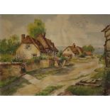 F E Jamieson Cottages on a lane Watercolour Signed Together with a collection of paintings and