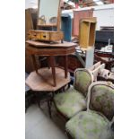 A Pair of upholstered chairs together with a toilet mirror,
