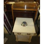 A Mexican painted side table together with two bookcases, a bedside cabinet,