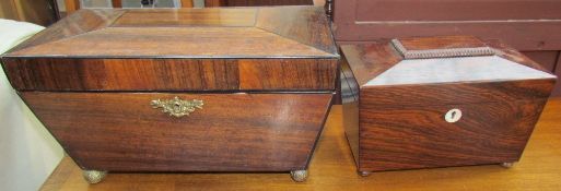 A Victorian rosewood sarcophagus tea caddy together with another sarcophagus shaped box