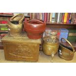 A brass coal box together with brass coal scuttles etc