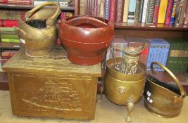 A brass coal box together with brass coal scuttles etc