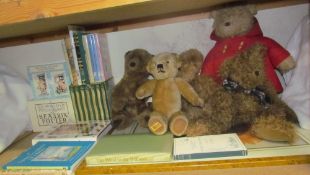 A Merrythought teddy bear together with a Paddington Bear, other teddy bears, sunflower print,
